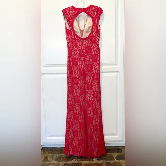 Xscape Red Floral Lace Asymmetrical Dress